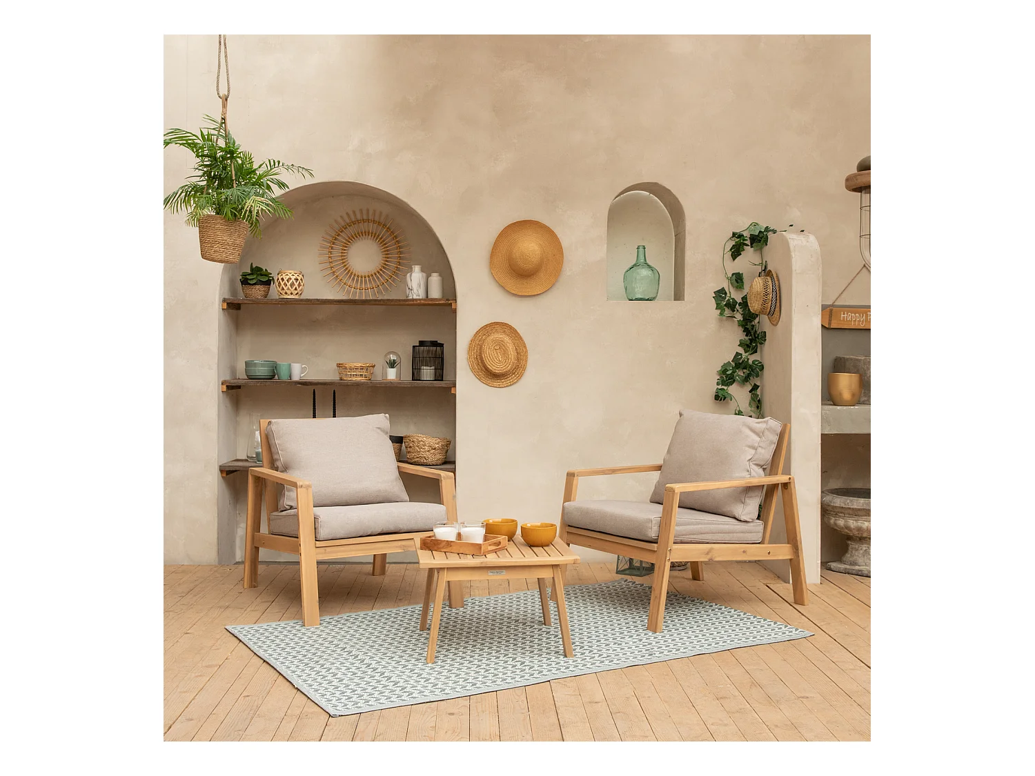 Salon de jardin en acacia 2 places GILI - coussins sable - HAPPY GARDEN
