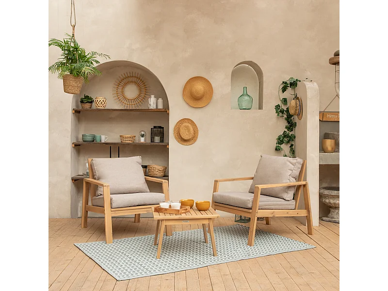 Set di mobili da giardino in acacia 2 posti GILI - cuscini sabbia