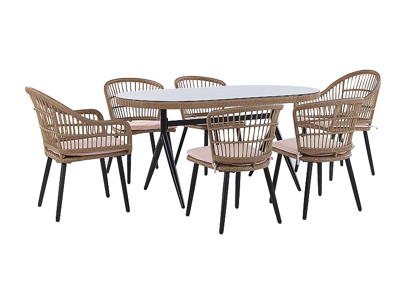 Elegantes Gartenset 6-Sitzer aus Polyrattan Beige mit Auflagen in Rosa Aliano