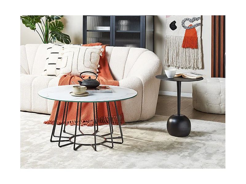 Couchtisch rund Gestell Metallkäfig schwarz Marmorplatte Weiße Bernie