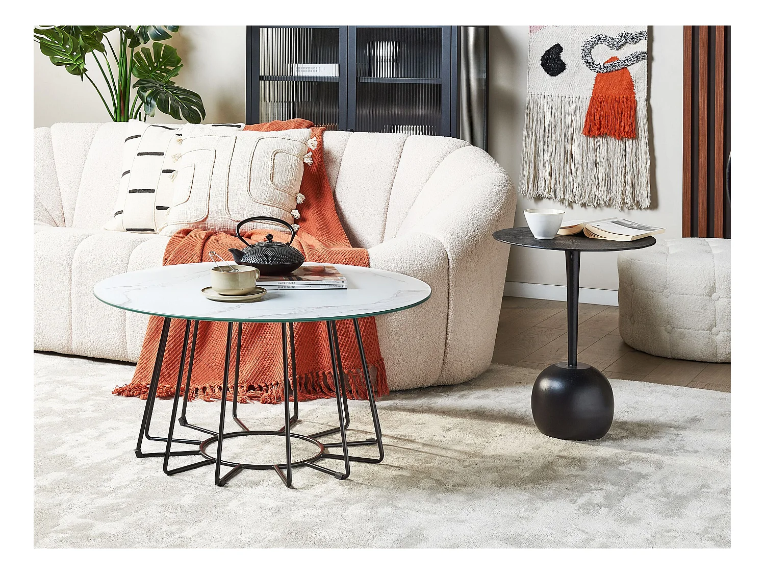Couchtisch rund Gestell Metallkäfig schwarz Marmorplatte Weiße Bernie