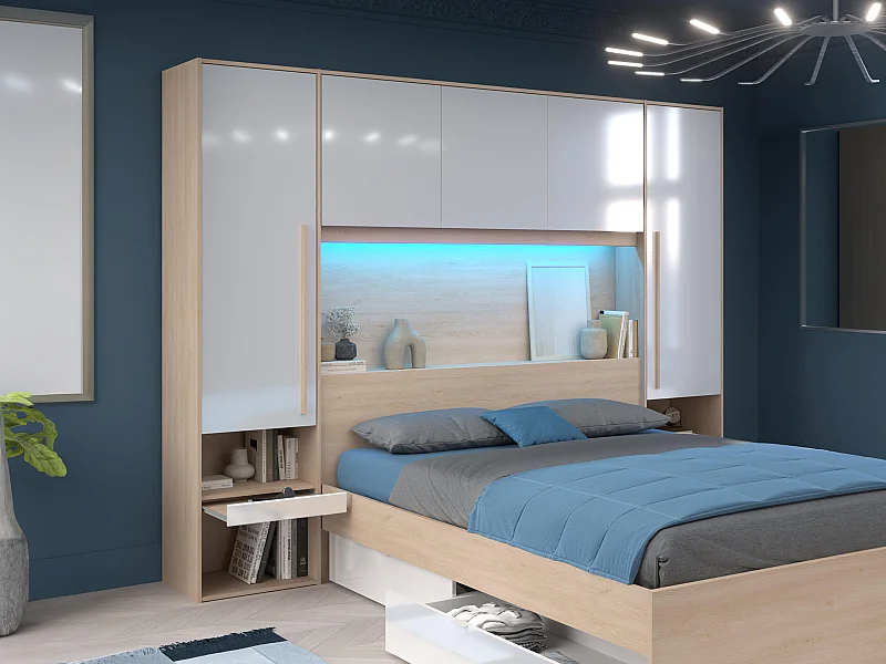 Ponte de cama com espaços de arrumação com LEDs C265 cm cor branco brilhante e natural - VELONA