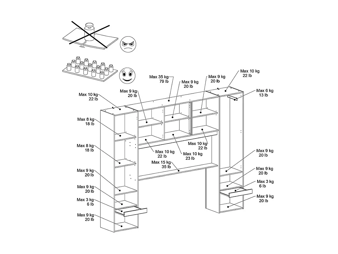 Pont de lit avec rangements - Avec LEDs - L265 cm - Coloris : Blanc brillant et naturel - VELONA