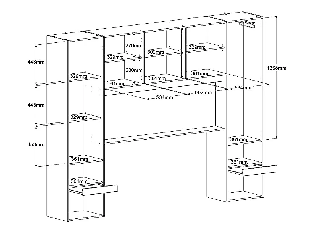 Pont de lit avec rangements - Avec LEDs - L265 cm - Coloris : Blanc brillant et naturel - VELONA