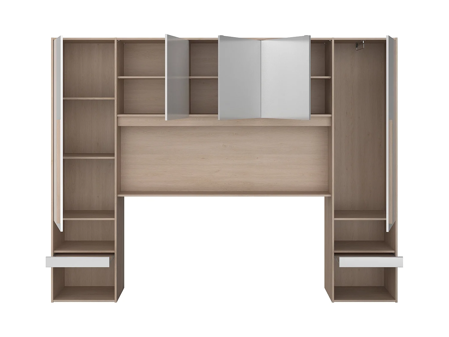 Pont de lit avec rangements - Avec LEDs - L265 cm - Coloris : Blanc brillant et naturel - VELONA