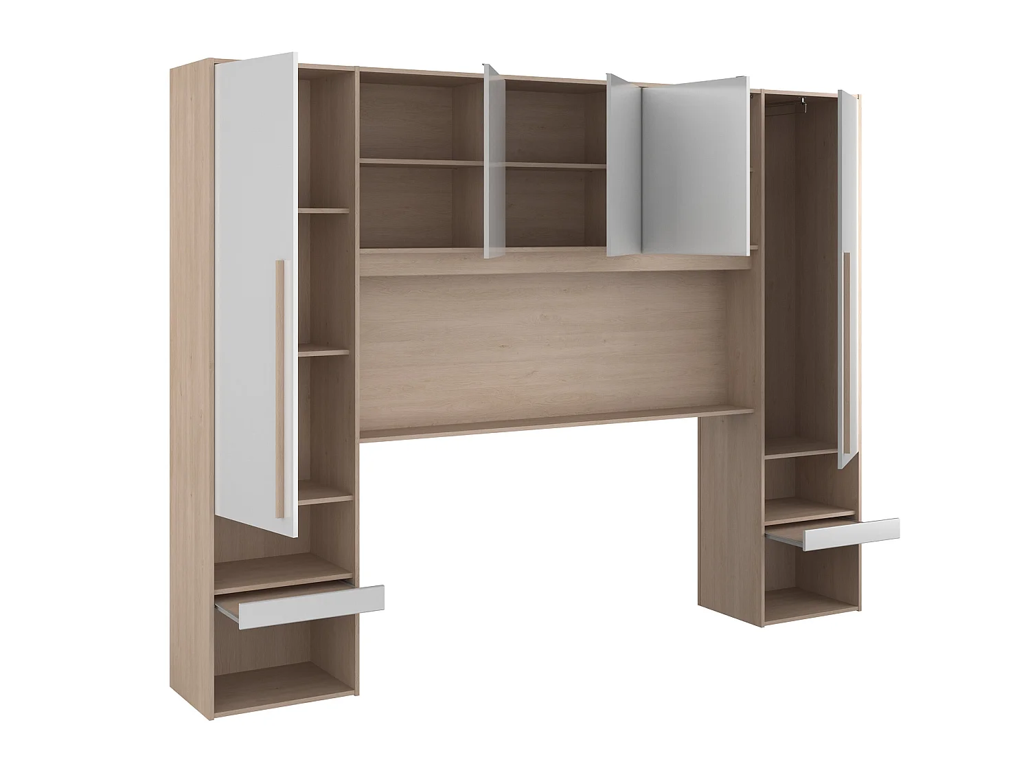 Pont de lit avec rangements - Avec LEDs - L265 cm - Coloris : Blanc brillant et naturel - VELONA