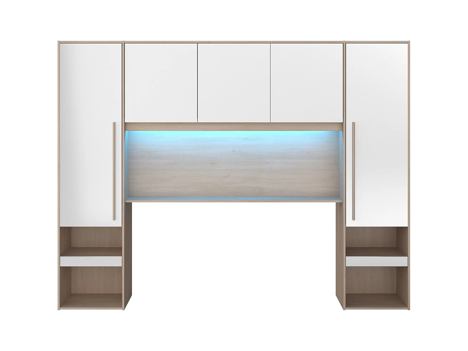 Pont de lit avec rangements - Avec LEDs - L265 cm - Coloris : Blanc brillant et naturel - VELONA