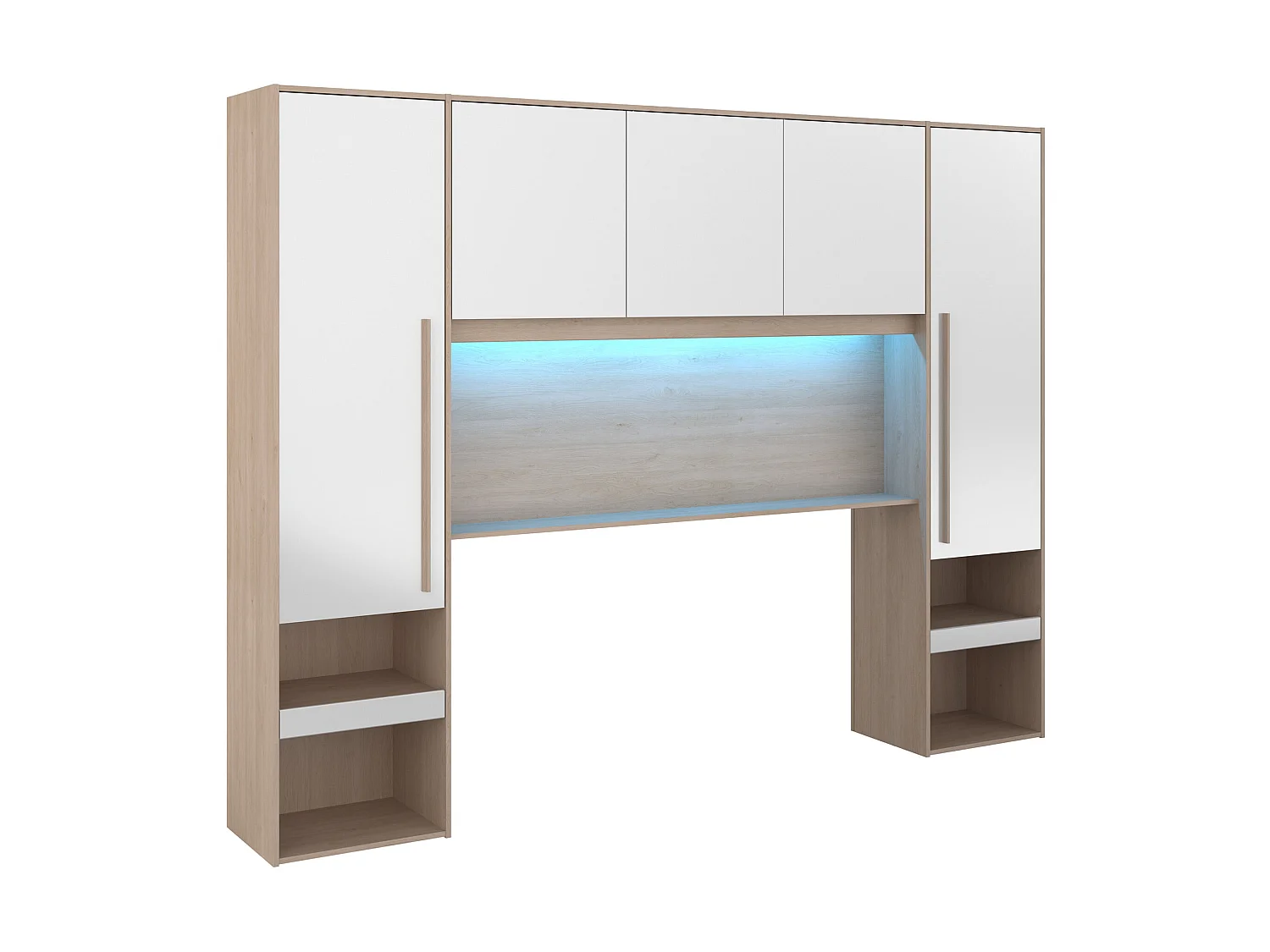 Pont de lit avec rangements - Avec LEDs - L265 cm - Coloris : Blanc brillant et naturel - VELONA
