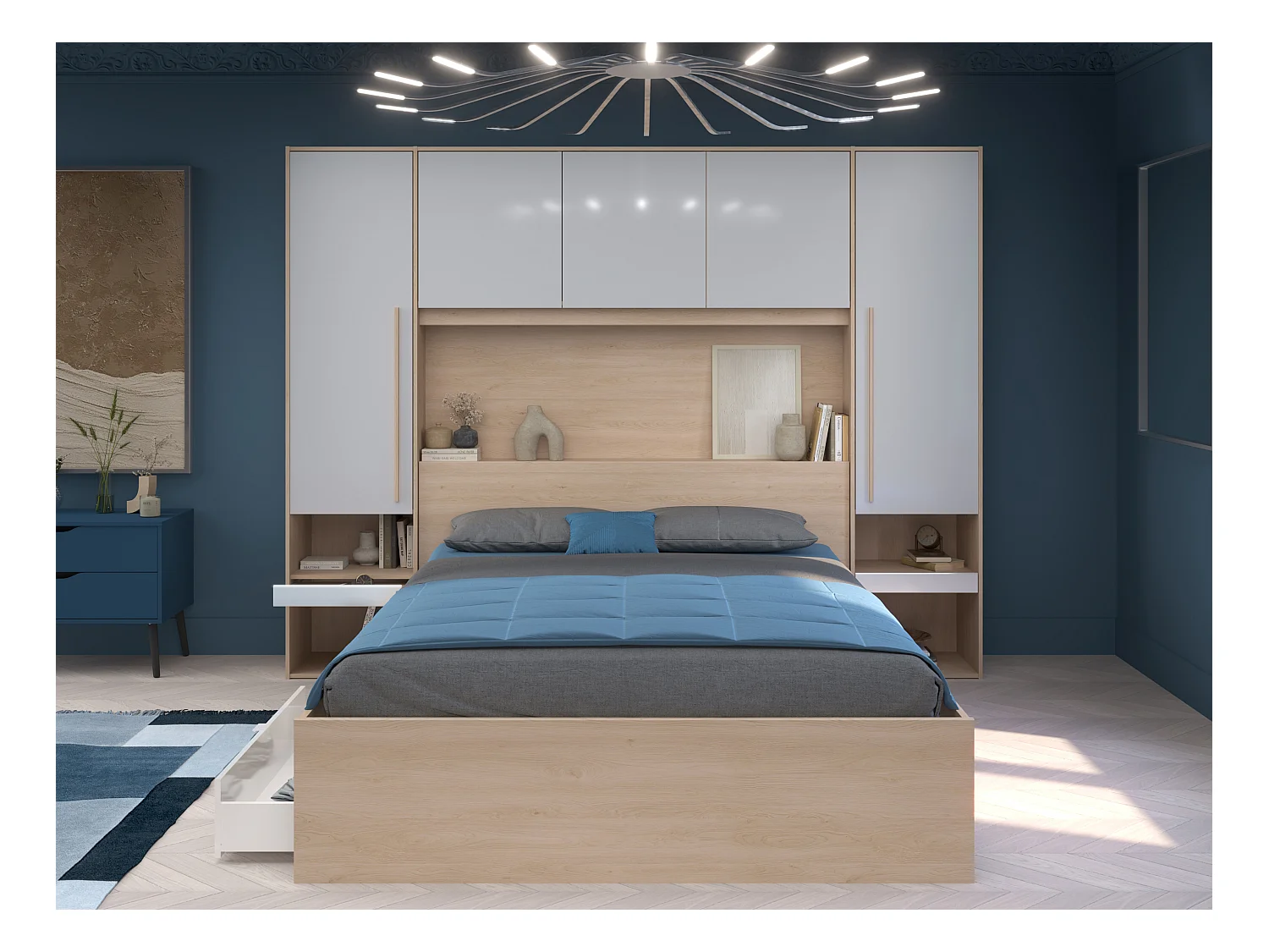 Pont de lit avec rangements - Avec LEDs - L265 cm - Coloris : Blanc brillant et naturel - VELONA