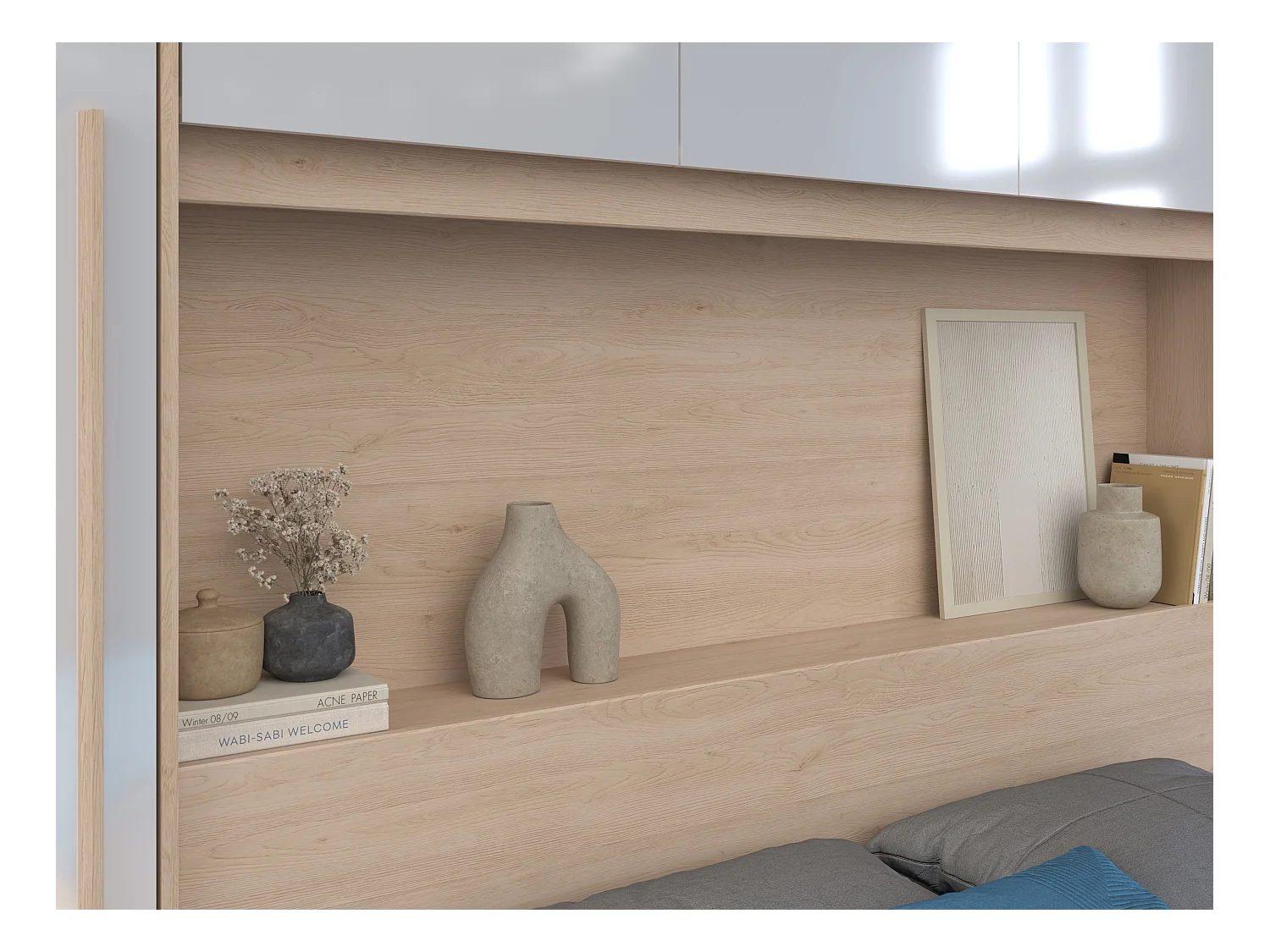 Pont de lit avec rangements - Avec LEDs - L265 cm - Coloris : Blanc brillant et naturel - VELONA