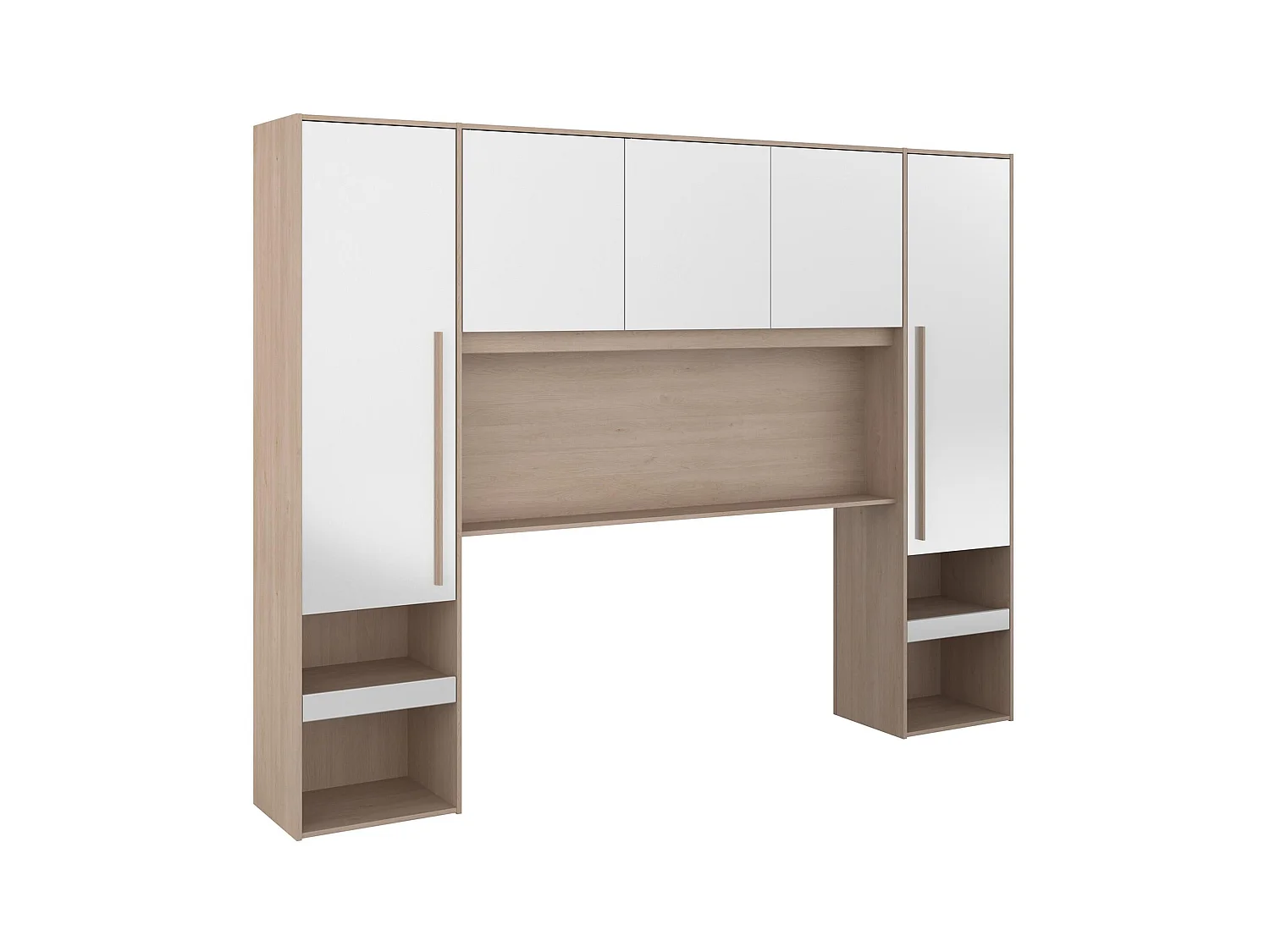 Pont de lit avec rangements - Avec LEDs - L265 cm - Coloris : Blanc brillant et naturel - VELONA