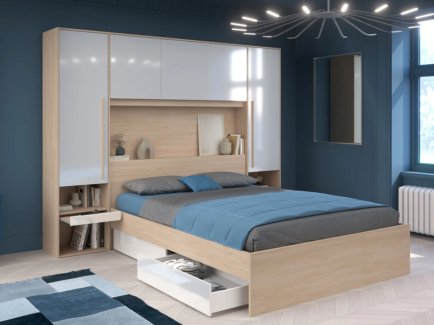 Armadio a ponte con scomparti Con LED L265 cm Bianco lucido e Naturale - VELONA