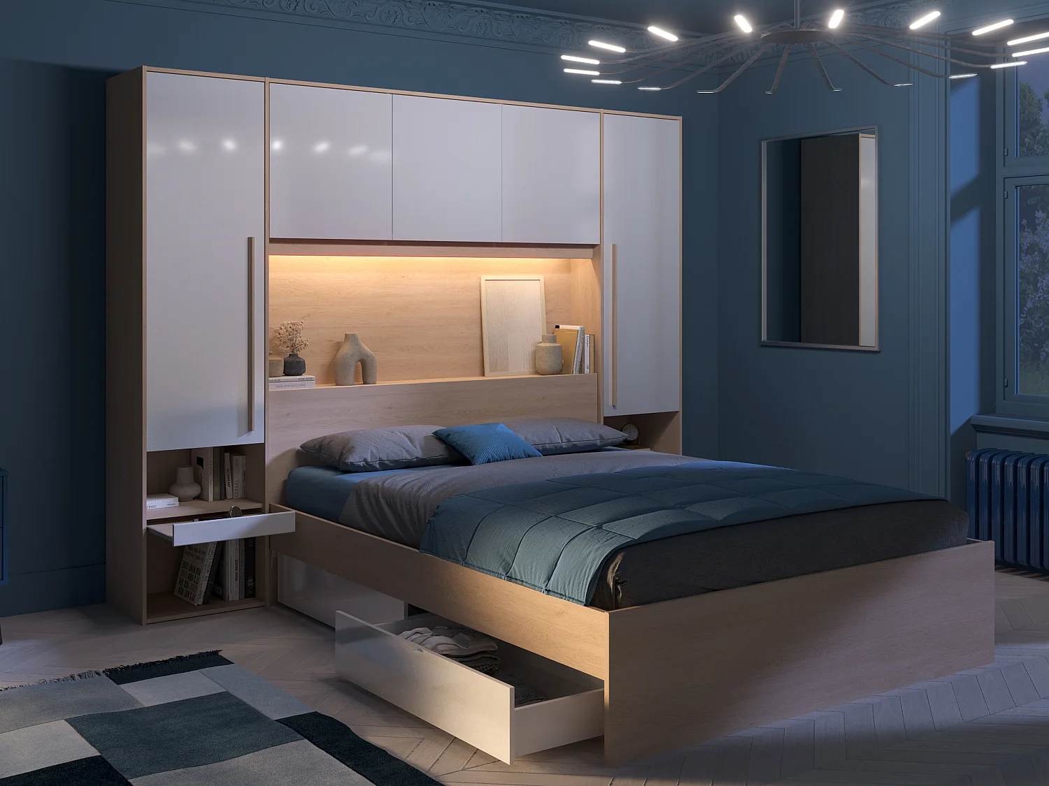 Armadio a ponte con scomparti Con LED L265 cm Bianco lucido e Naturale - VELONA