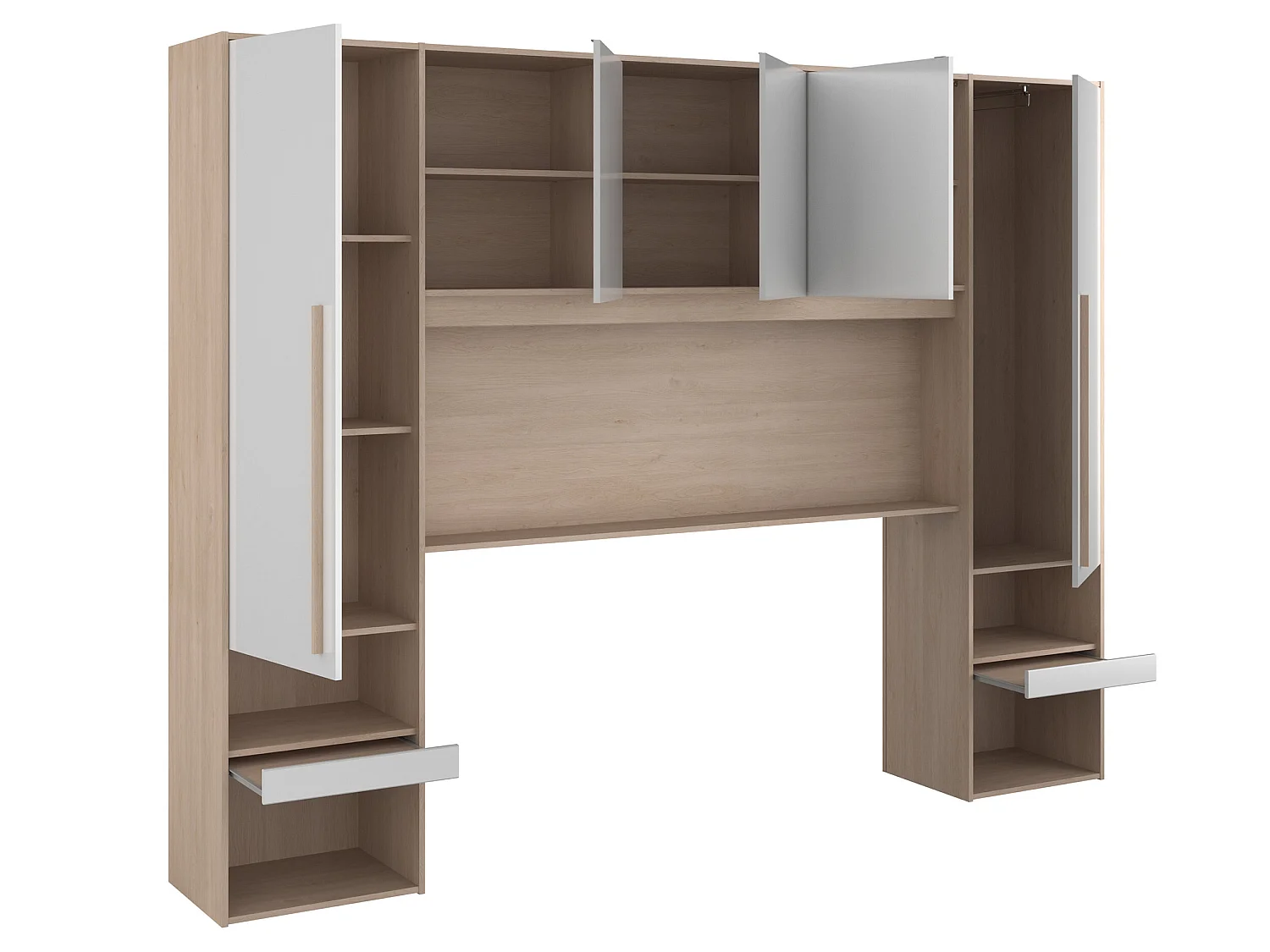 Bettüberbau mit Stauraum & LEDs - L.265 cm - Weiß glänzend & Holzfarben - VELONA