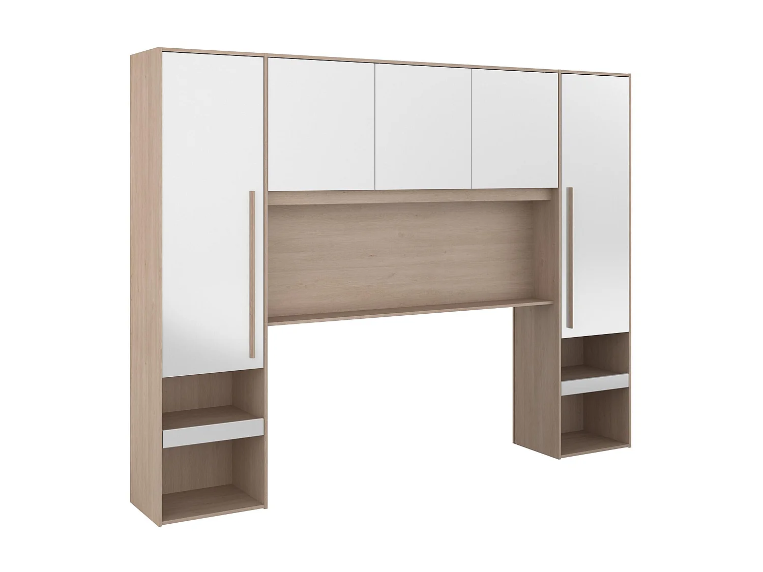 Bettüberbau mit Stauraum & LEDs - L.265 cm - Weiß glänzend & Holzfarben - VELONA