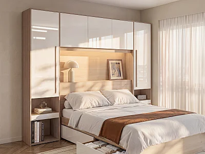Overbed storage unit with storage - with LED lighting - W265 cm - gloss white and natural - VELONA