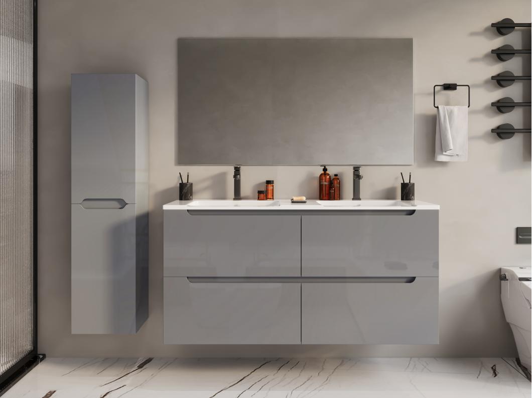 Meuble de salle de bain suspendu avec double vasque à encastrer et colonne - Gris - 120 cm - SELITA