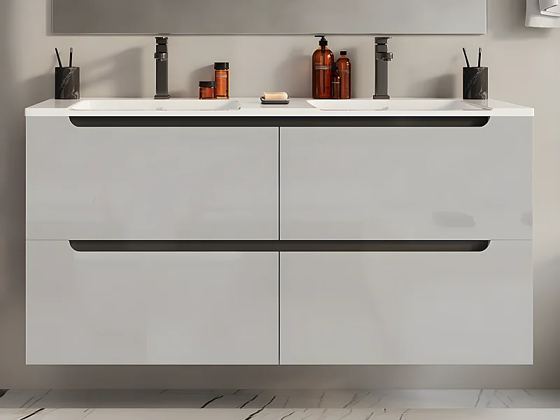 Meuble de salle de bain suspendu avec double vasque à encastrer - Blanc - 120 cm - SELITA