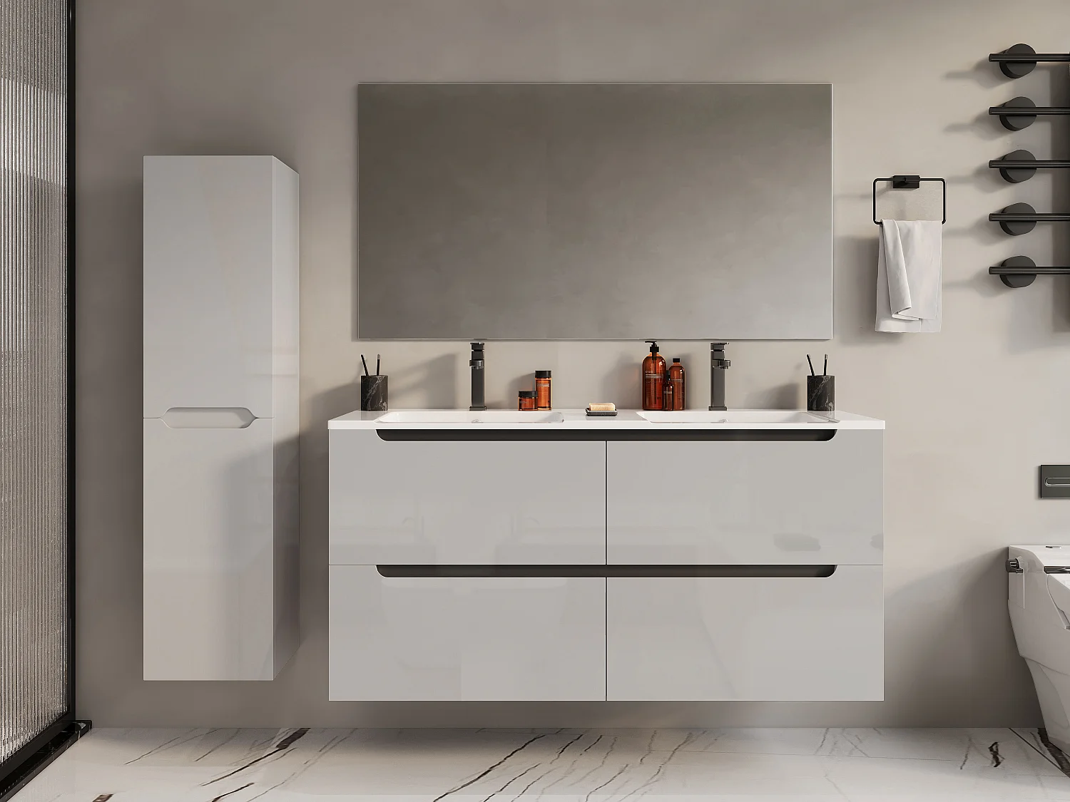 Meuble de salle de bain suspendu avec double vasque à encastrer et colonne - Blanc - 120 cm - SELITA