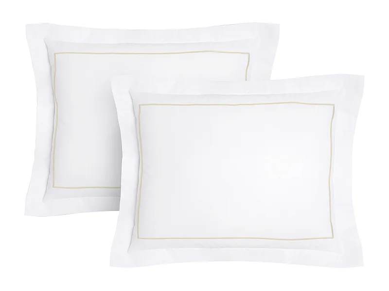 Lot de 2 taies d'oreiller percale de coton 80 fils/cm² - 50 x 70 cm - Blanc bourdon beige- CHARMY de PALACIO