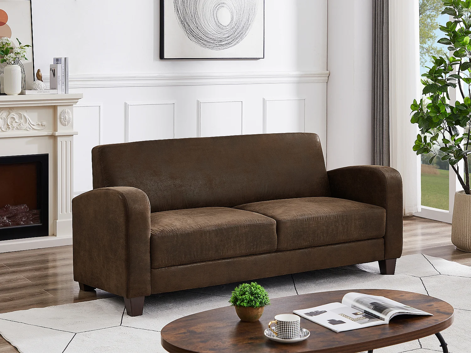 Clubsoffa 3-sits i brun mikrofiber med åldrat skinnliknande utseende MADIE II