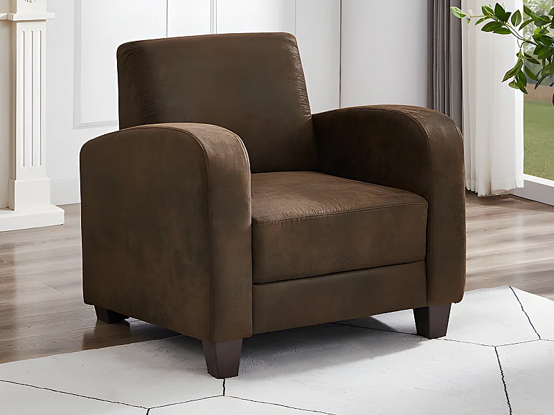 Fauteuil club en microfibre marron aspect cuir vieilli MADIE II