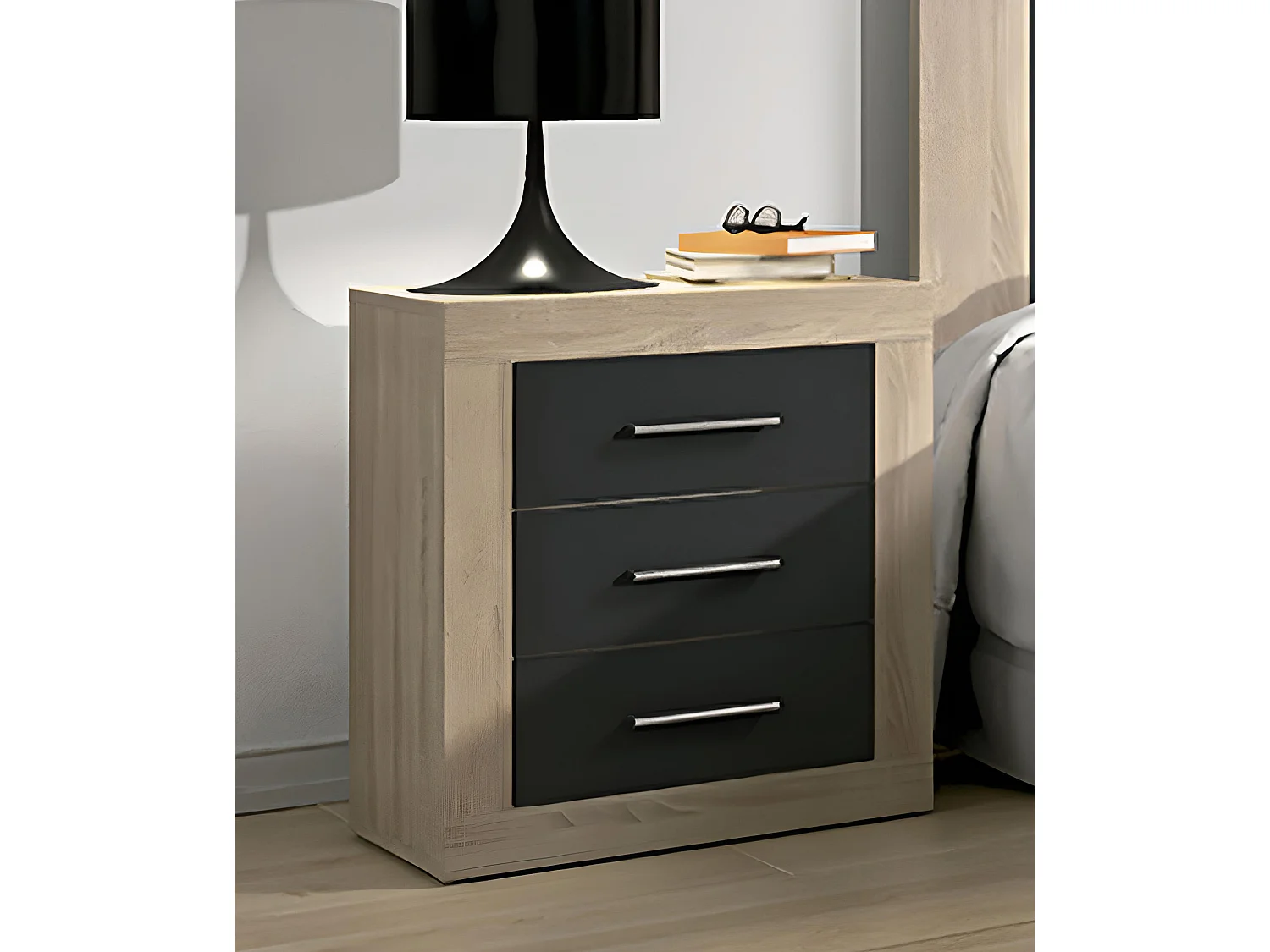Ensemble de tête de lit + 2 chevets coloris chêne cambrian, graphite