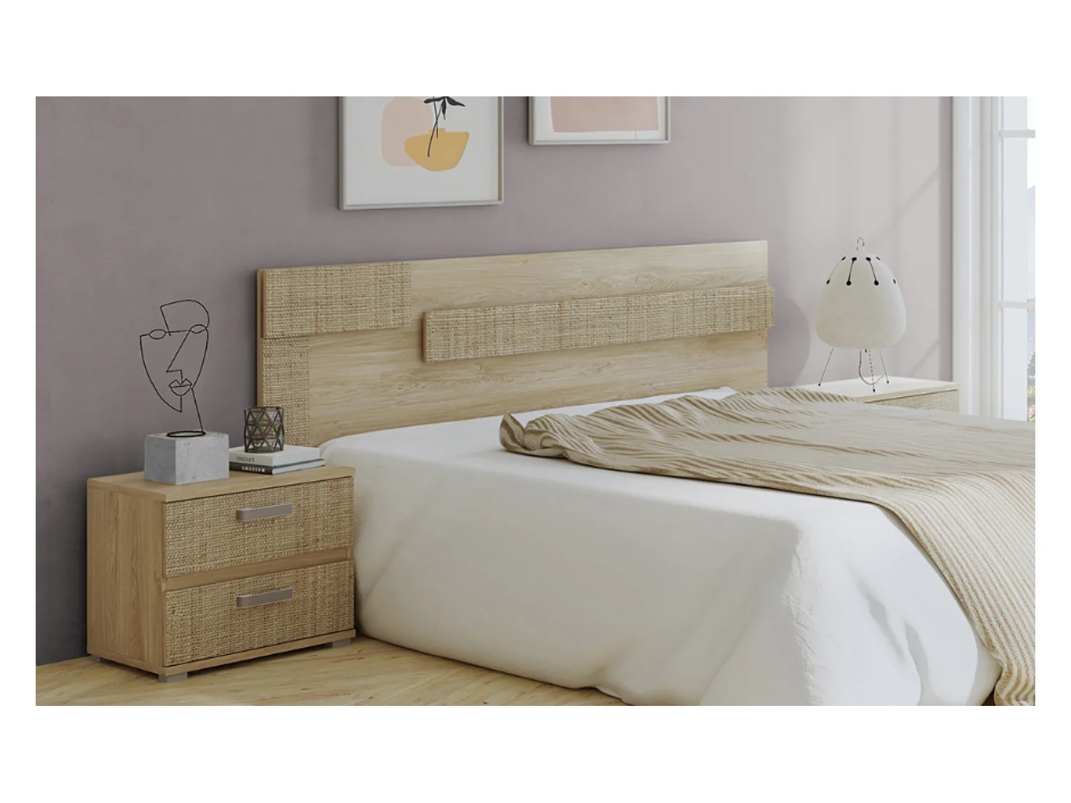 Ensemble de tête de lit avec LED + 2 tables de chevet coloris chêne cambrian/effet textile