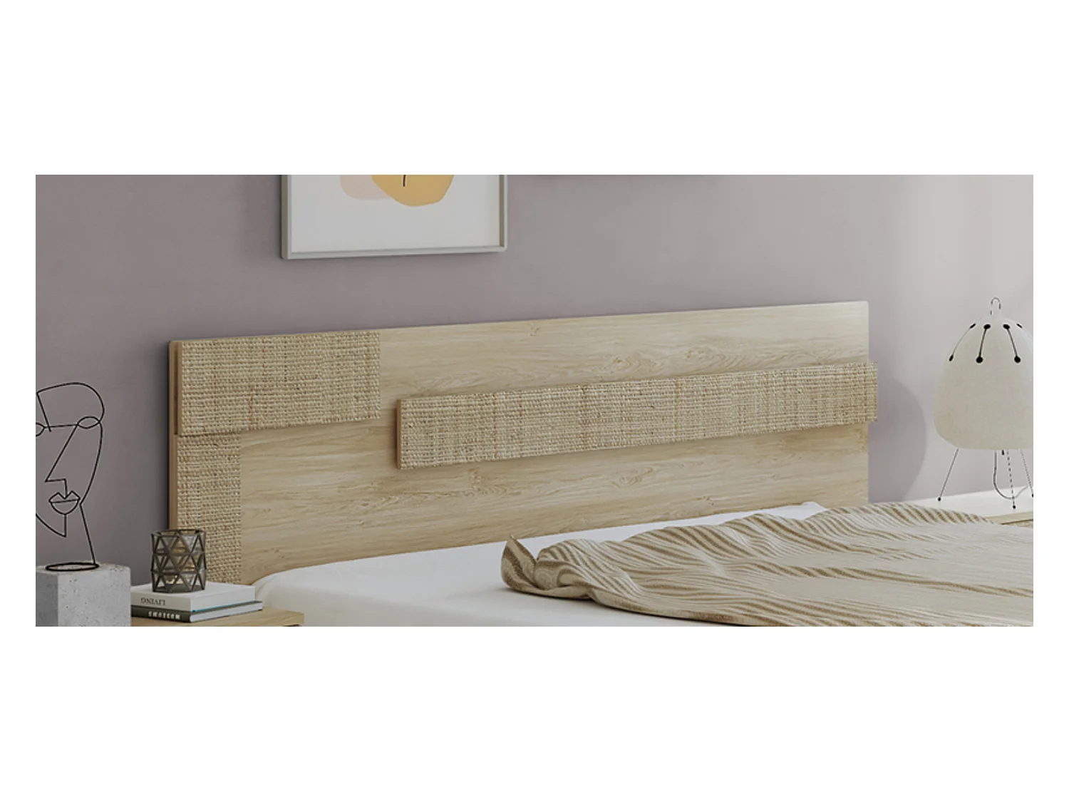 Ensemble de tête de lit avec LED + 2 tables de chevet coloris chêne cambrian/effet textile