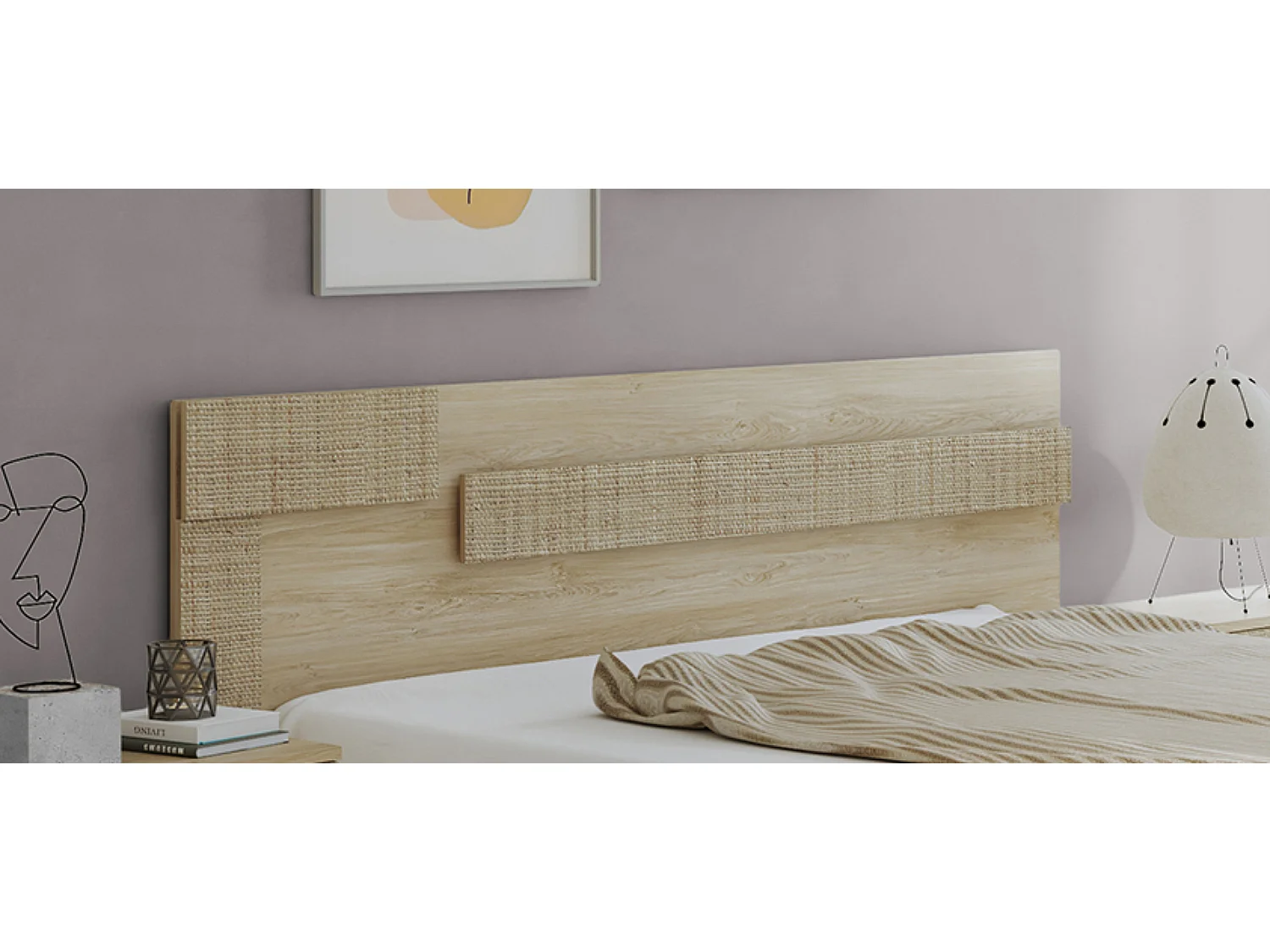 Ensemble de tête de lit avec LED + 2 tables de chevet coloris chêne cambrian/effet textile