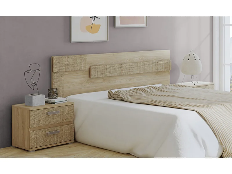 Ensemble de tête de lit avec LED + 2 tables de chevet coloris chêne cambrian/effet textile