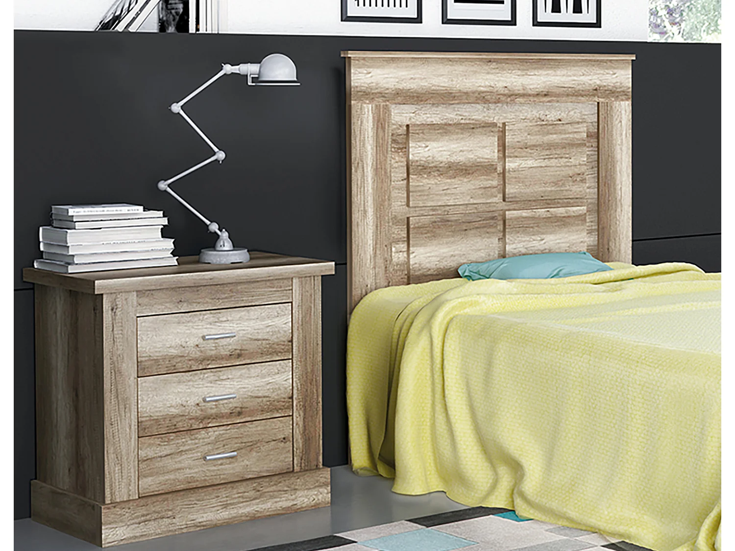 Ensemble de tête de lit + table de chevet avec 3 tiroirs coloris chêne vieilli