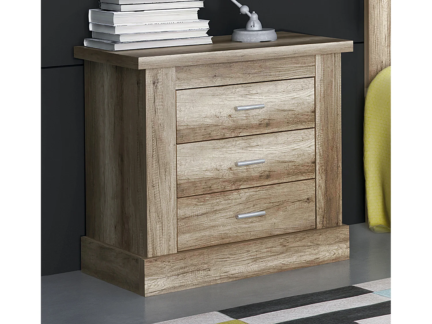 Ensemble de tête de lit + table de chevet avec 3 tiroirs coloris chêne vieilli