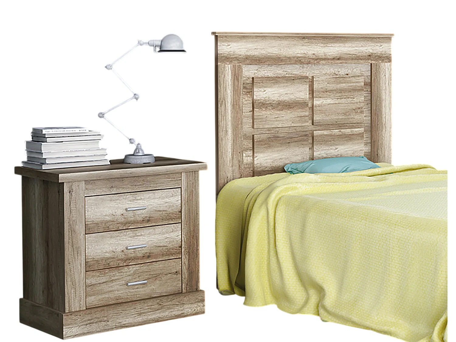 Ensemble de tête de lit + table de chevet avec 3 tiroirs coloris chêne vieilli