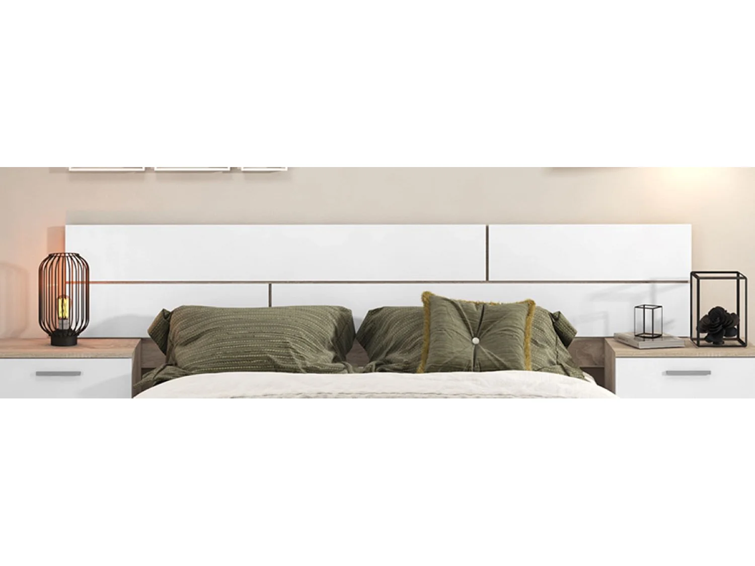 Ensemble tête de lit + 2 tables chevets coloris chêne cambrian/blanc