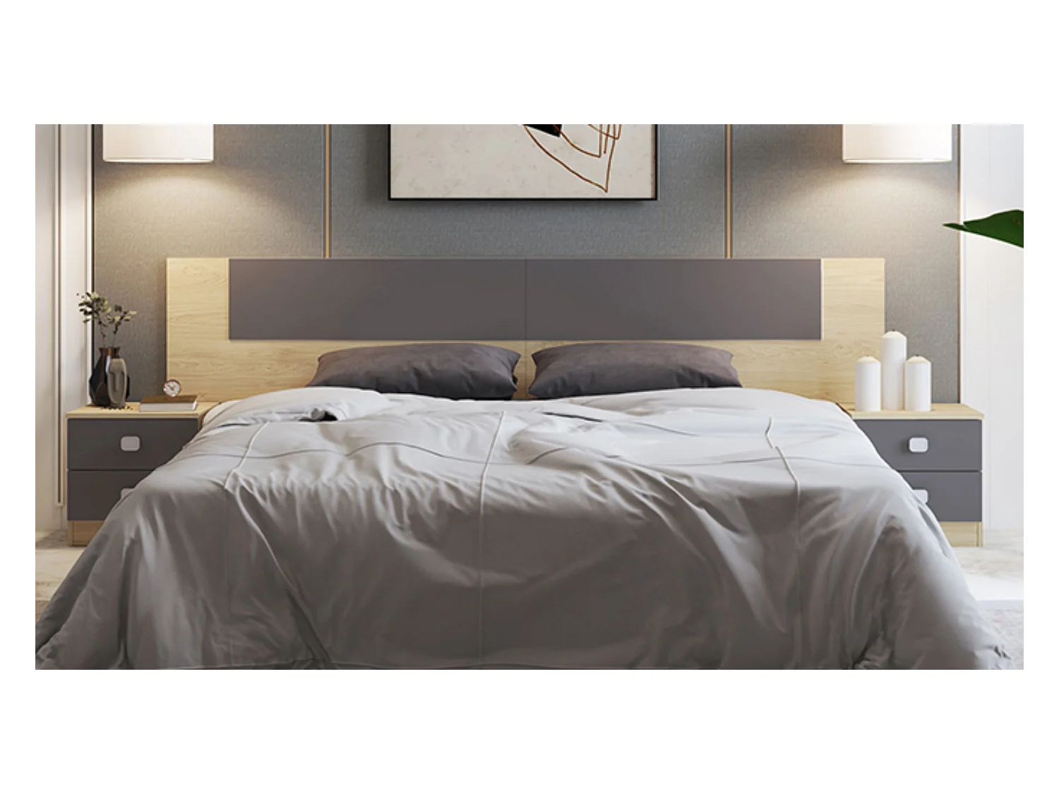 Ensemble chambre à coucher, tête de lit + table de chevet coloris puccini, graphite