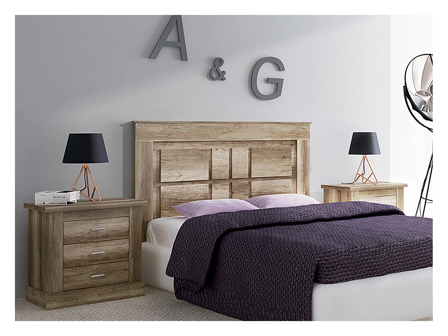 Ensemble de tête de lit avec pieds + 2 tables de chevet coloris chêne vieilli