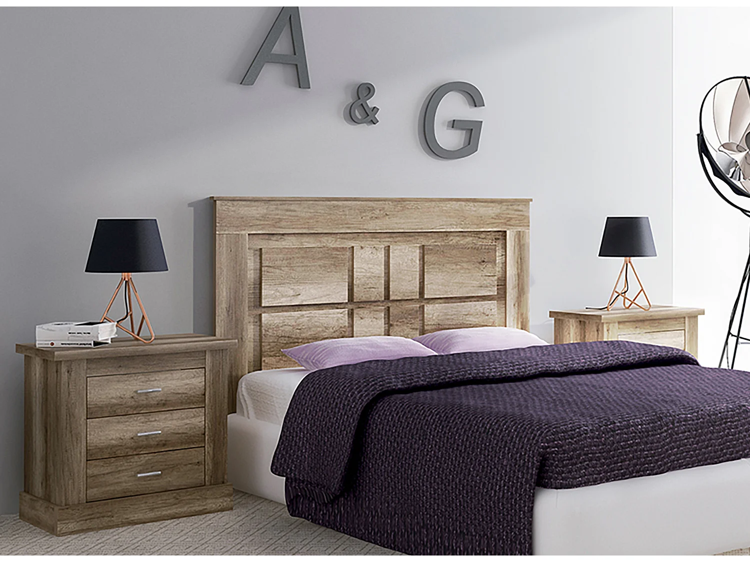 Ensemble de tête de lit avec pieds + 2 tables de chevet coloris chêne vieilli