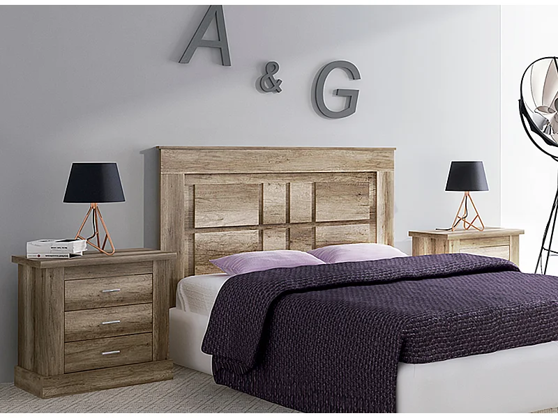 Ensemble de tête de lit avec pieds + 2 tables de chevet coloris chêne vieilli