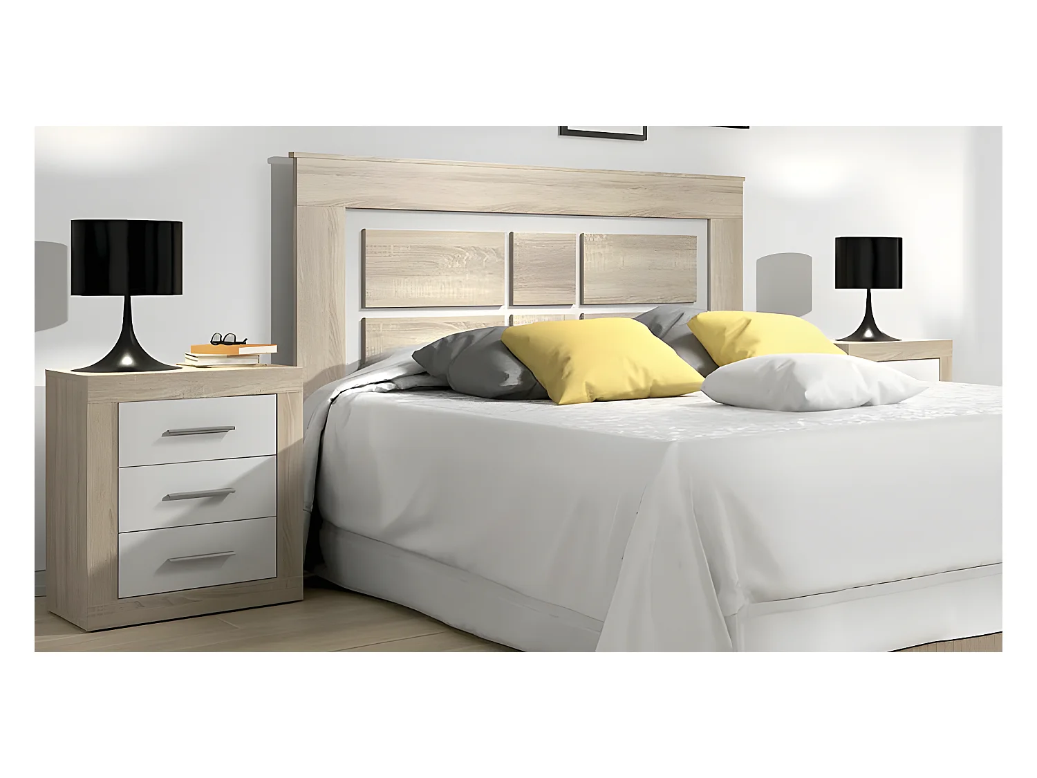 Ensemble de tête de lit + 2 chevets coloris chêne cambrian, blanc
