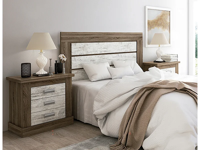 Ensemble tête de lit + 2 tables de chevet coloris Chêne truffé, blanc vieilli