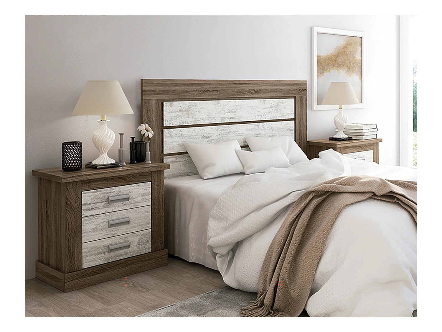 Ensemble tête de lit + 2 tables de chevet coloris Chêne truffé, blanc vieilli