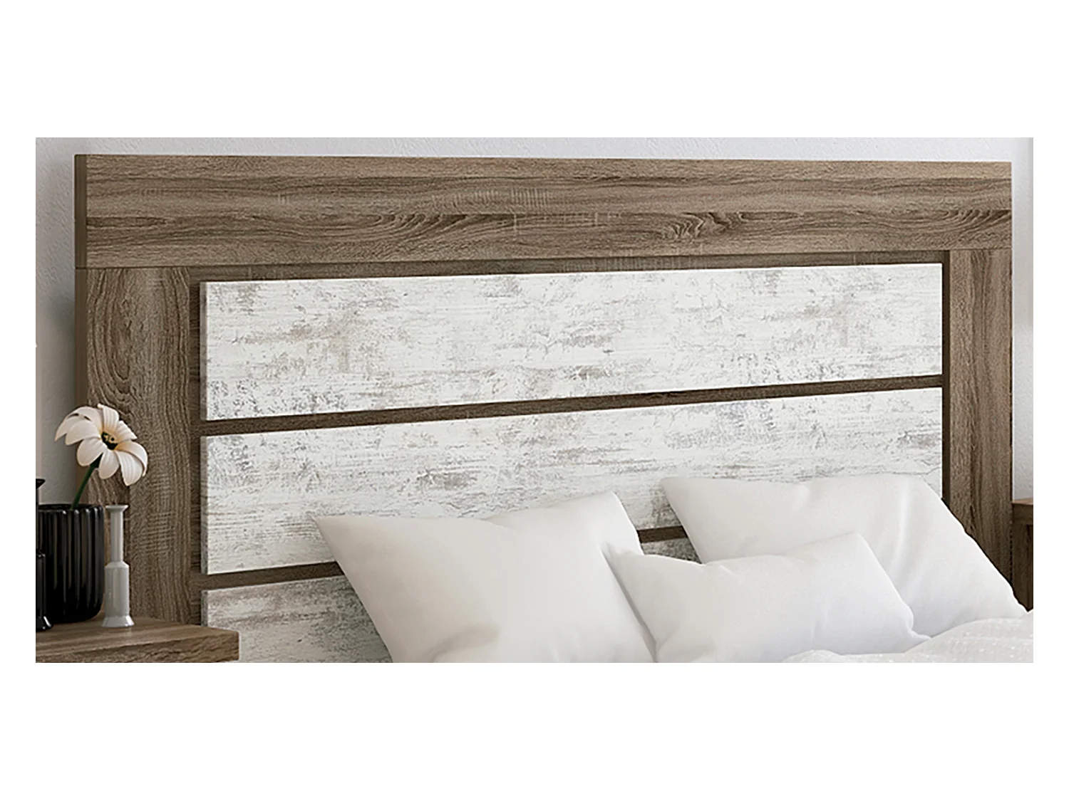 Ensemble tête de lit + 2 tables de chevet coloris Chêne truffé, blanc vieilli