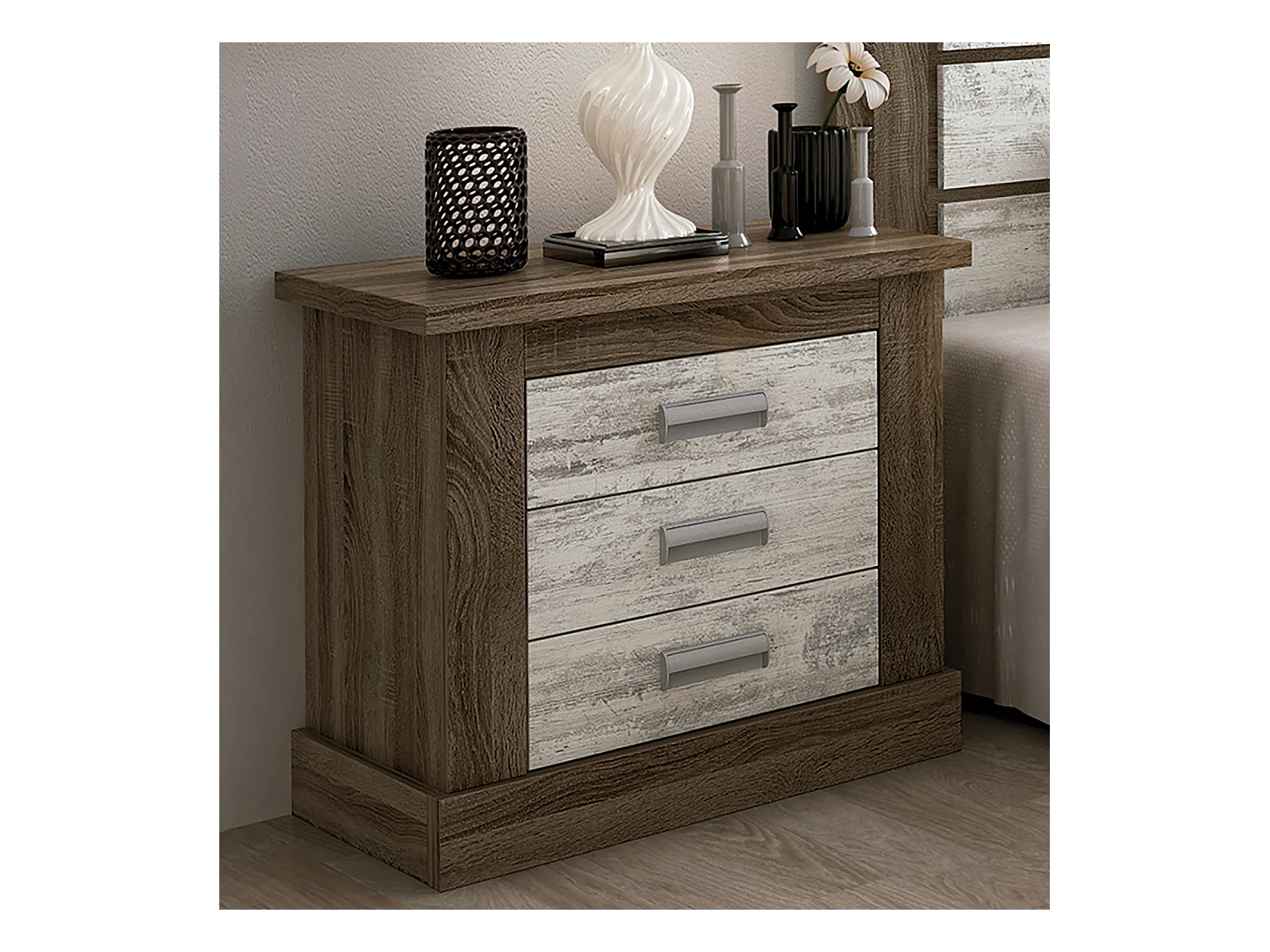 Ensemble tête de lit + 2 tables de chevet coloris Chêne truffé, blanc vieilli