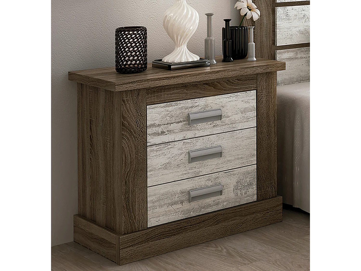 Ensemble tête de lit + 2 tables de chevet coloris Chêne truffé, blanc vieilli