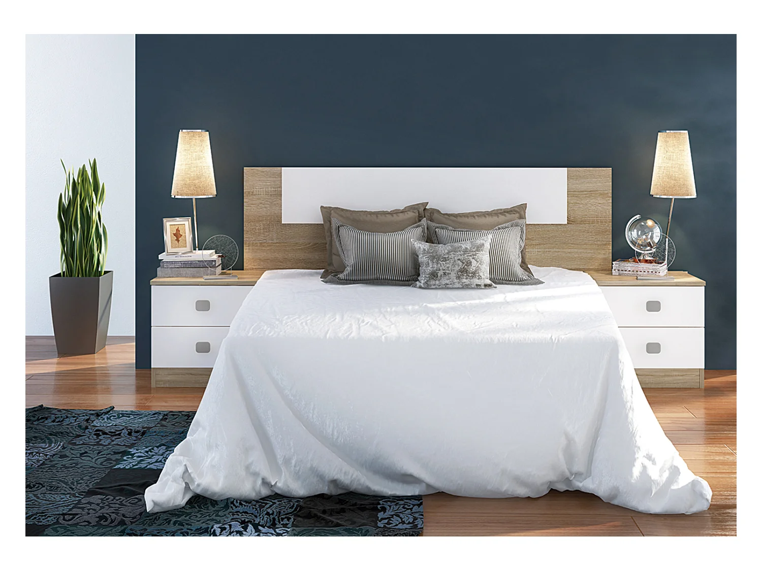 Ensemble chambre à coucher, tête de lit + 2 tables chevets coloris blanc, chêne cambrian