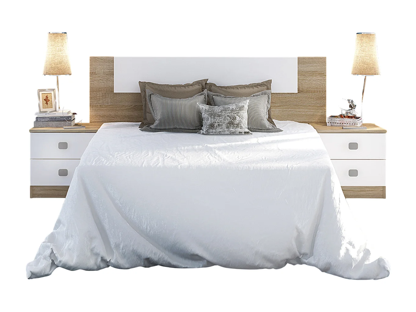 Ensemble chambre à coucher, tête de lit + 2 tables chevets coloris blanc, chêne cambrian