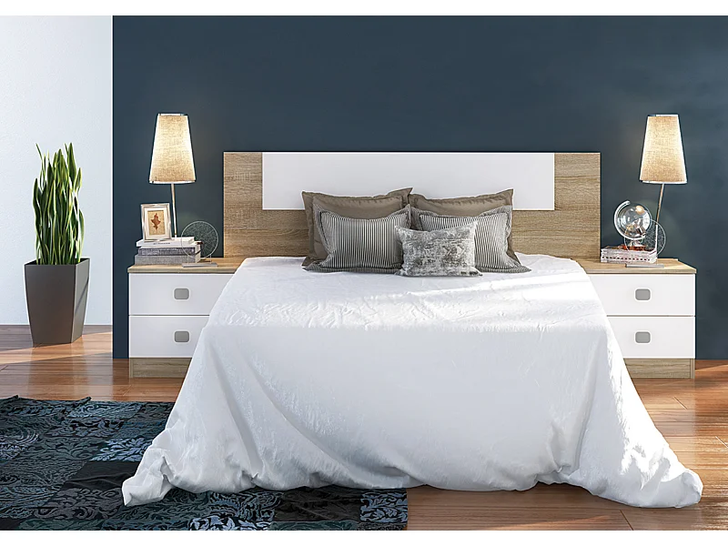 Ensemble chambre à coucher, tête de lit + 2 tables chevets coloris blanc, chêne cambrian