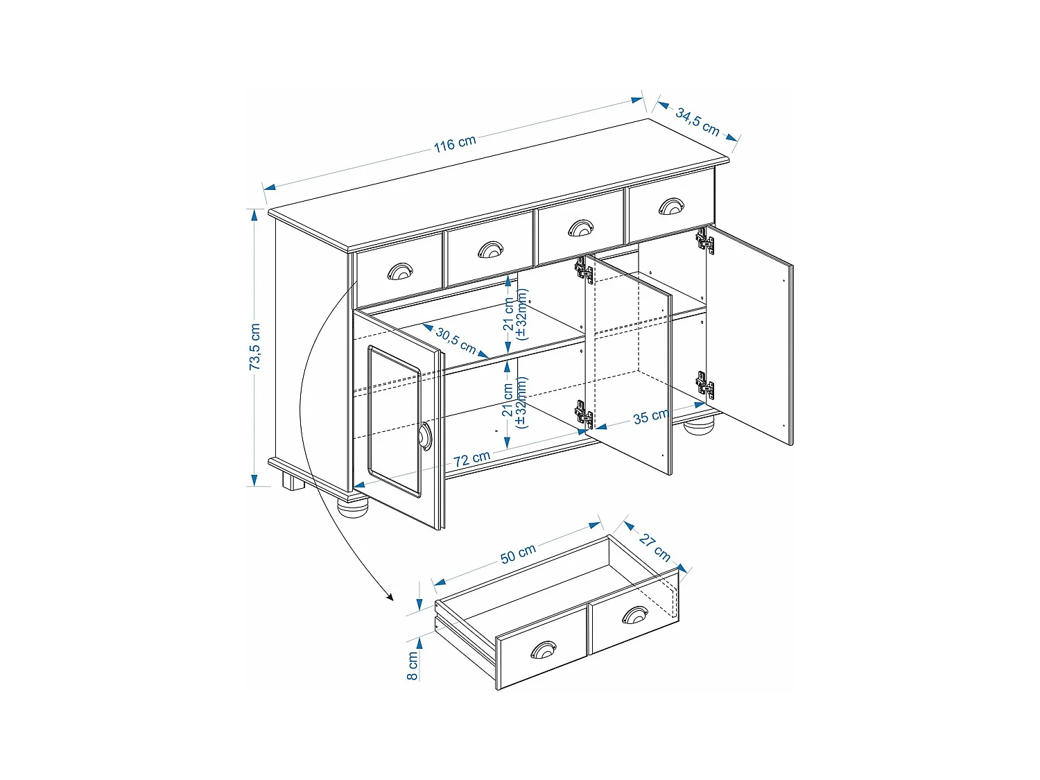 Buffet salle à manger COLMAR en bois massif L 116 cm avec 3 portes battantes et 2 tiroirs spacieux, coloris teinté