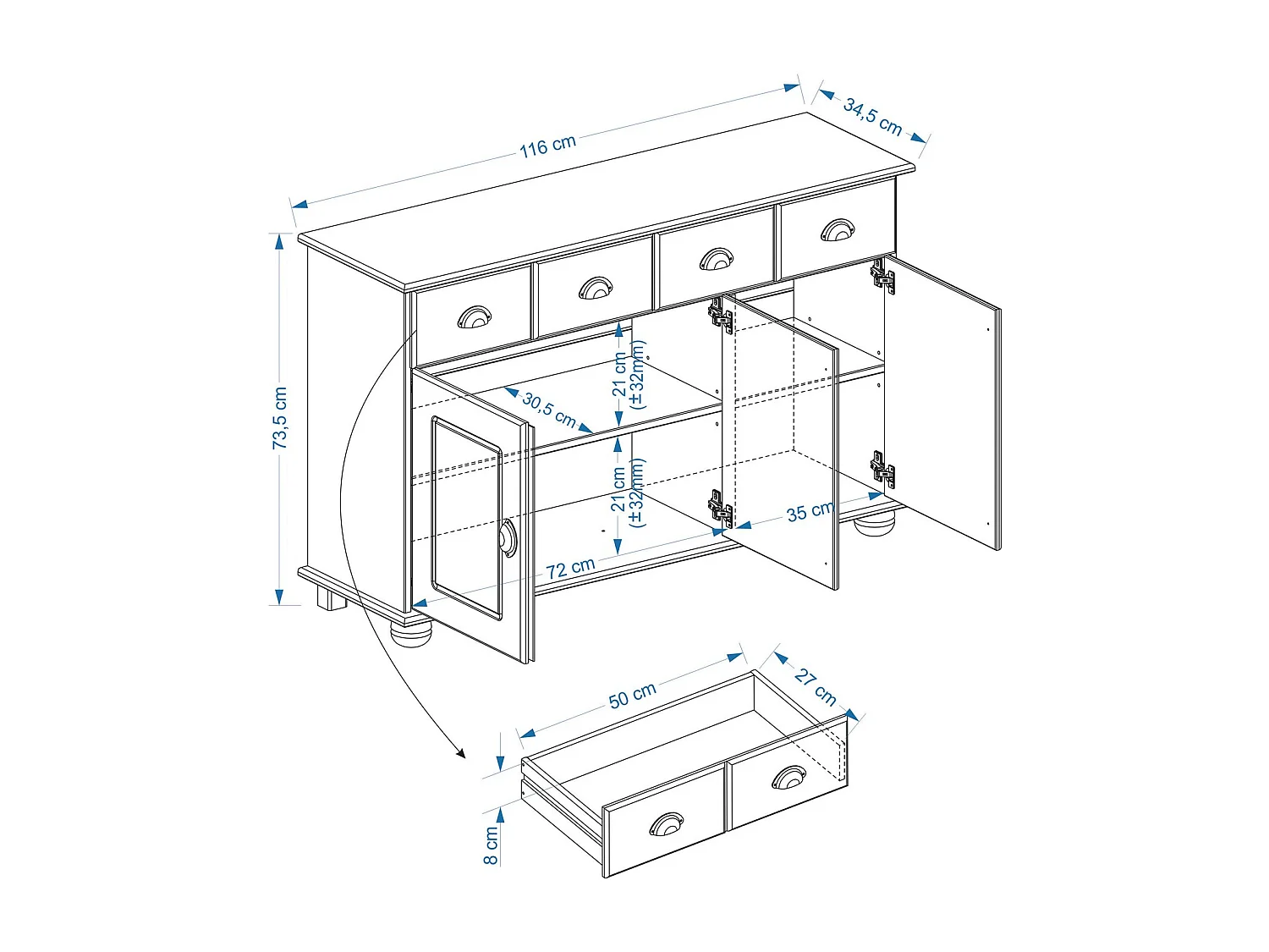 Buffet salle à manger COLMAR en bois massif L 116 cm avec 3 portes battantes et 2 tiroirs spacieux, coloris teinté